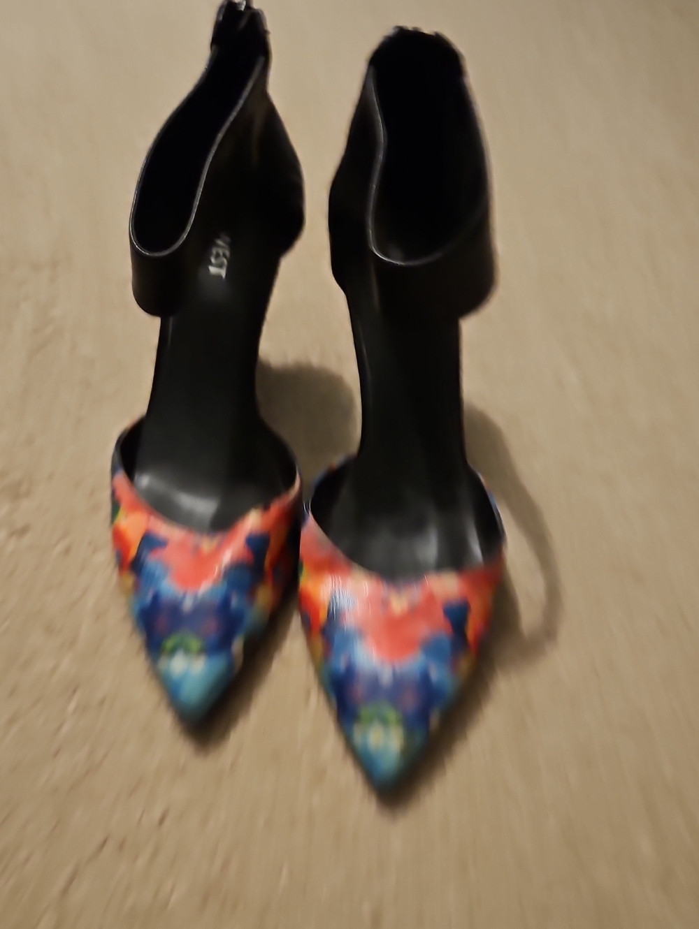 Nine West Black Ankle-Strap Heels with Colorful Floral Pointed Toe